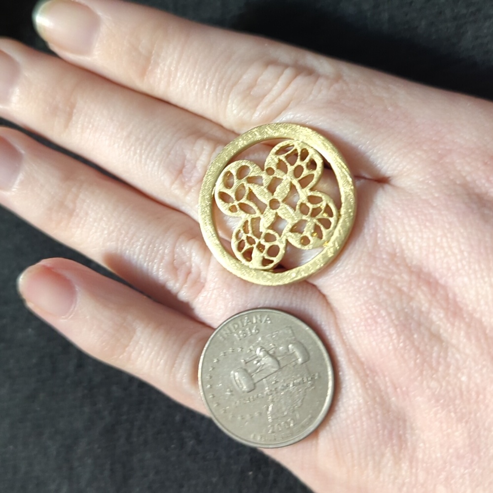 Solid Brass Filagree Clover Round Statement Ring … - image 4